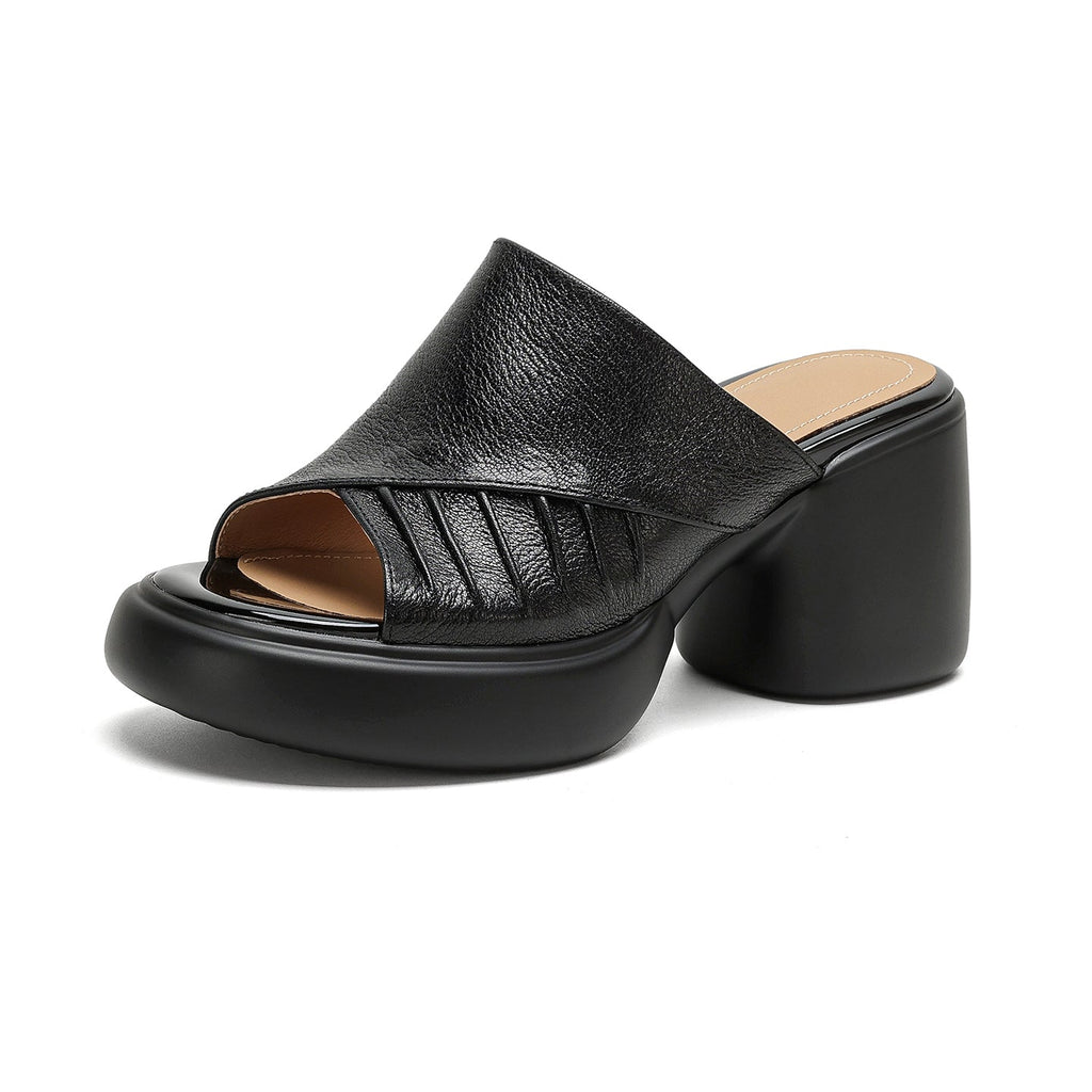 Women's Ruched Block Heel Slides | Open-Toe Lambskin Leather Mules