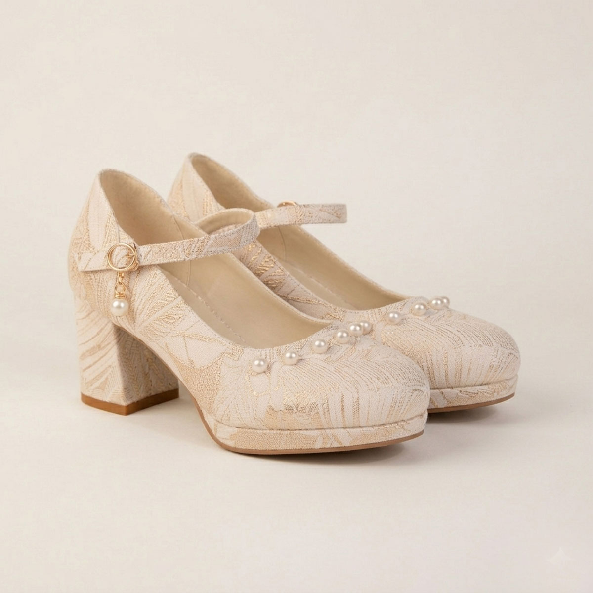 Women's Jacquard Mary Jane Platform Heels | Pearl Bow Waterproof Wedding Shoes