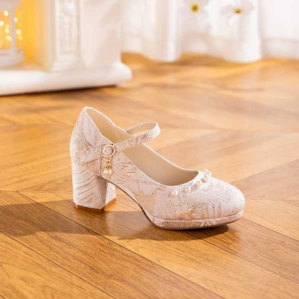 Women's Jacquard Mary Jane Platform Heels | Pearl Bow Waterproof Wedding Shoes
