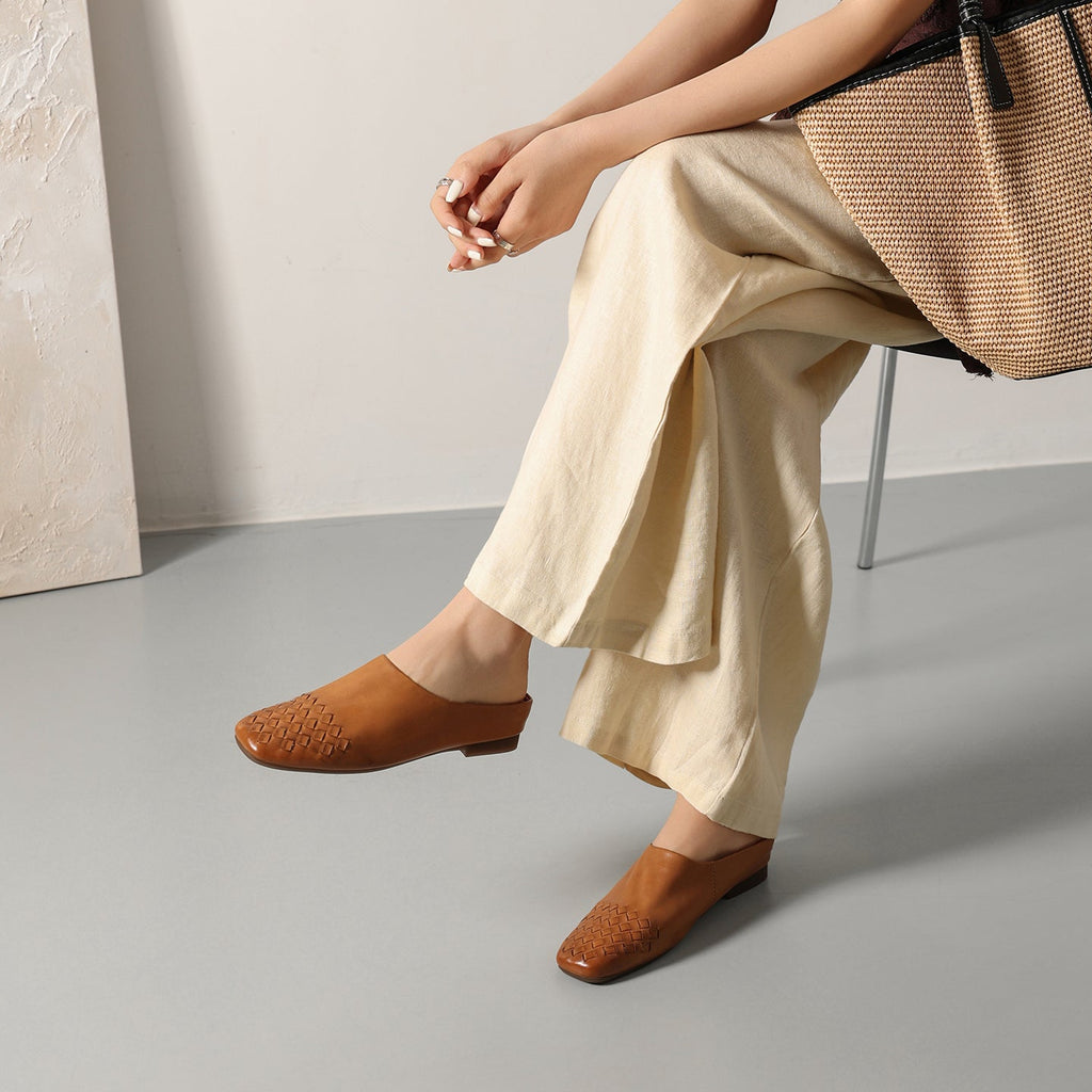Women's Hand-Woven Full Grain Leather Mules | Square Toe Slip-On Backless Loafers
