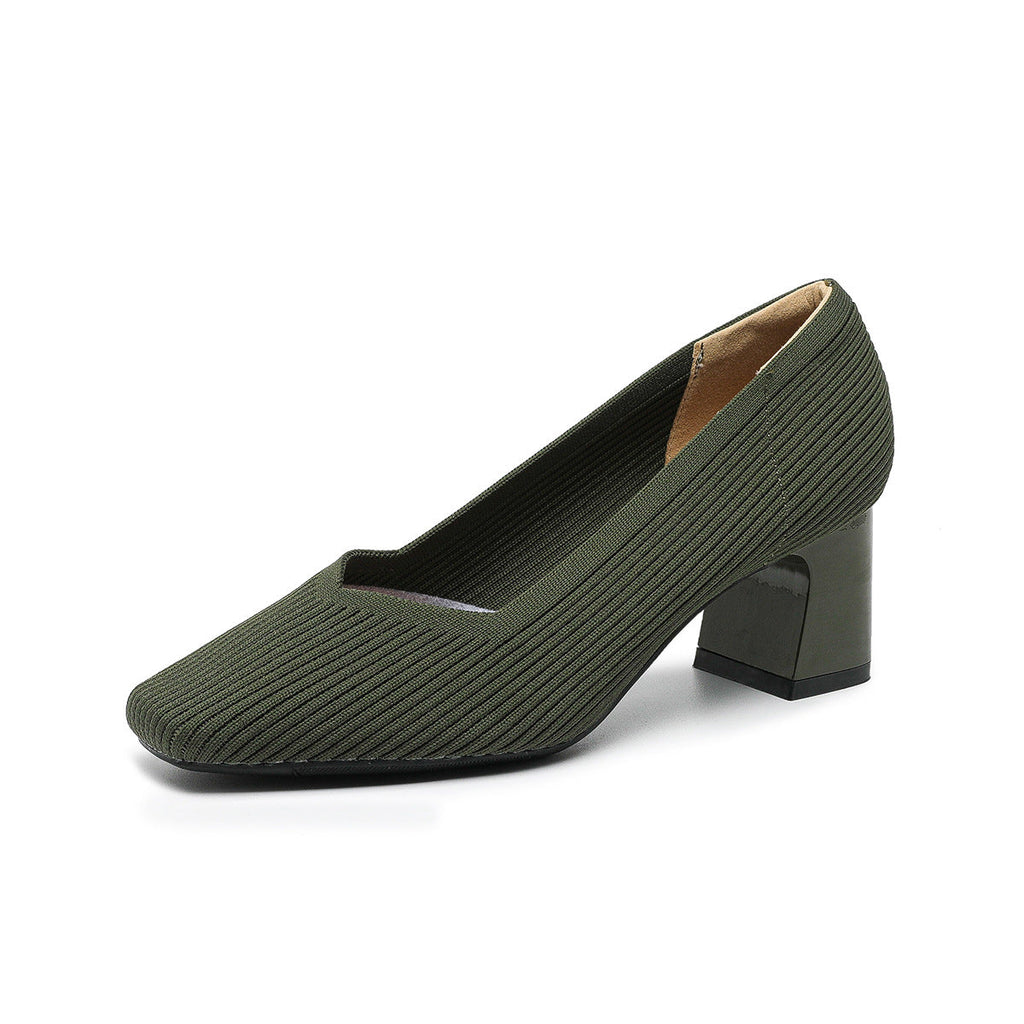 Women's Chunky Heel Square Toe Slip-On High Heels | Flyknit Upper | Multiple Colors