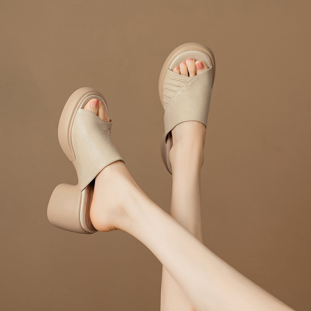 Women's Ruched Block Heel Slides | Open-Toe Lambskin Leather Mules
