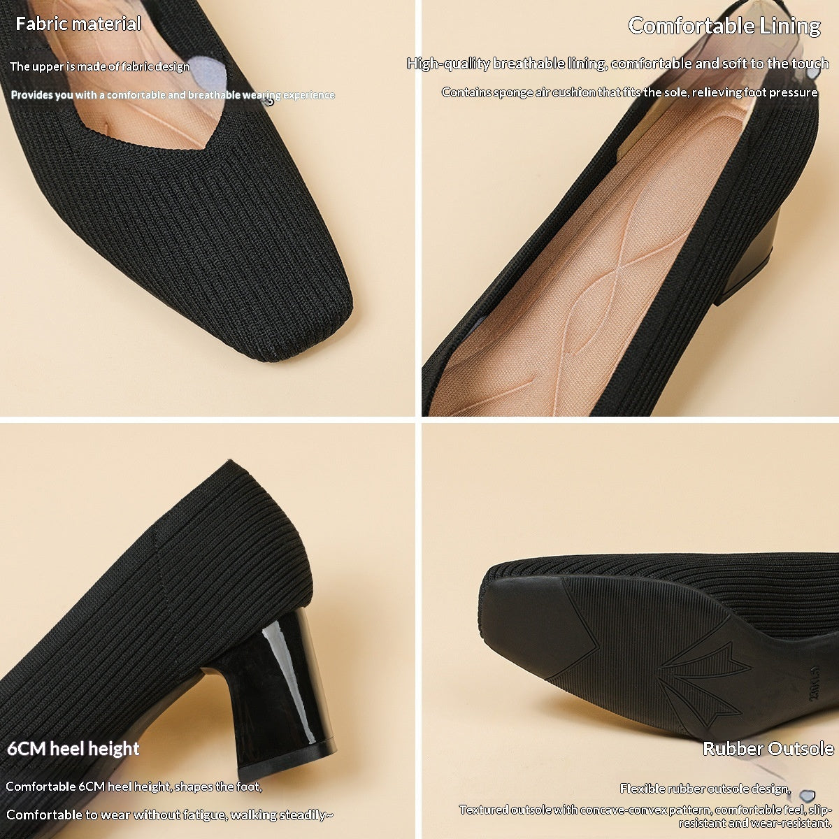 Women's Chunky Heel Square Toe Slip-On High Heels | Flyknit Upper | Multiple Colors