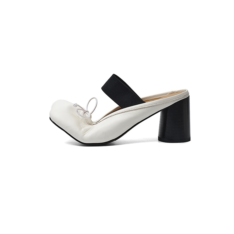 Women's Washed Cowhide Leather Ballet Mule Block Heel Sandals | Elastic Strap Open-Back Heels