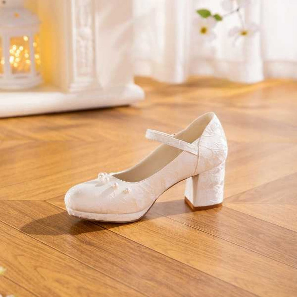 Women's Jacquard Mary Jane Platform Heels | Pearl Bow Waterproof Wedding Shoes
