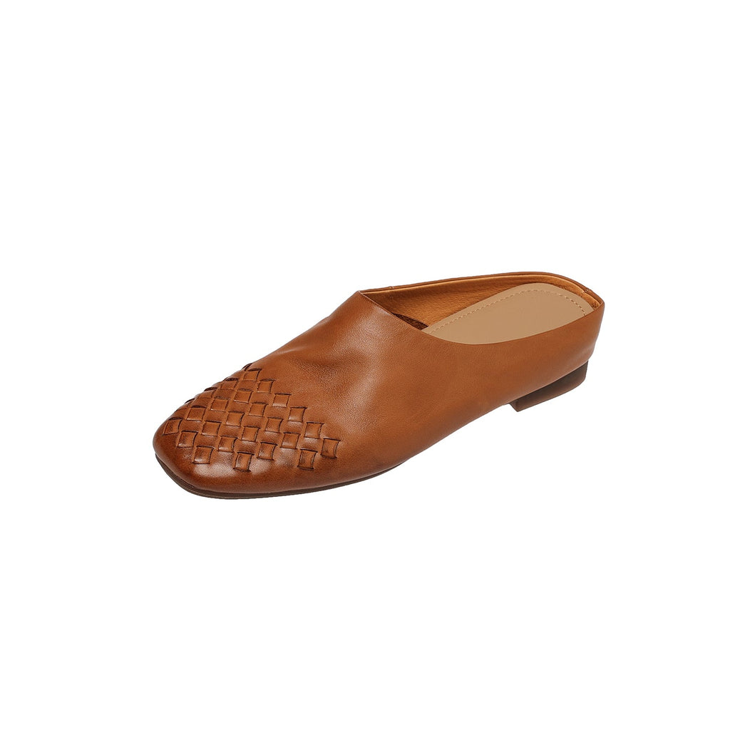 Women's Hand-Woven Full Grain Leather Mules | Square Toe Slip-On Backless Loafers
