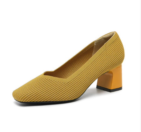 Women's Chunky Heel Square Toe Slip-On High Heels | Flyknit Upper | Multiple Colors