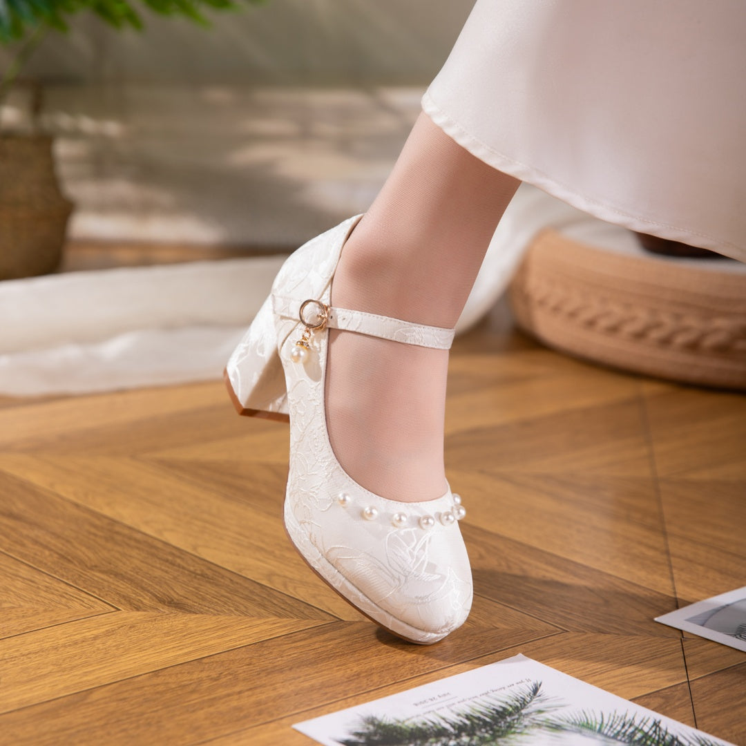 Women's Jacquard Mary Jane Platform Heels | Pearl Bow Waterproof Wedding Shoes
