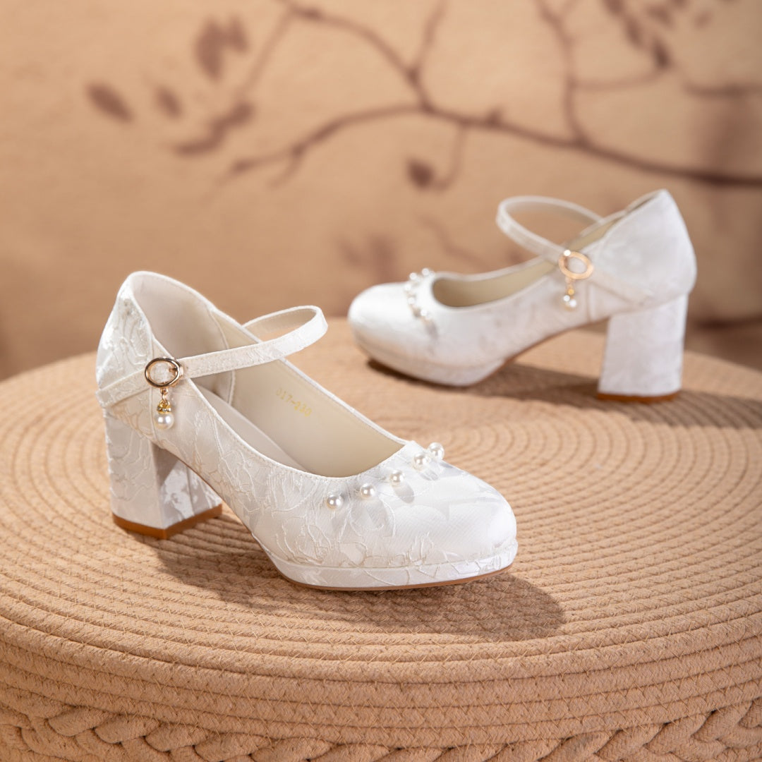 Women's Jacquard Mary Jane Platform Heels | Pearl Bow Waterproof Wedding Shoes