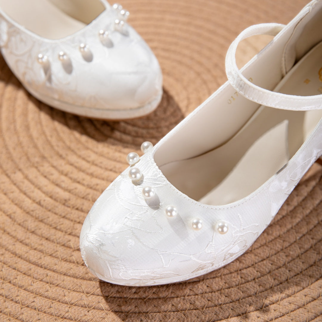 Women's Jacquard Mary Jane Platform Heels | Pearl Bow Waterproof Wedding Shoes
