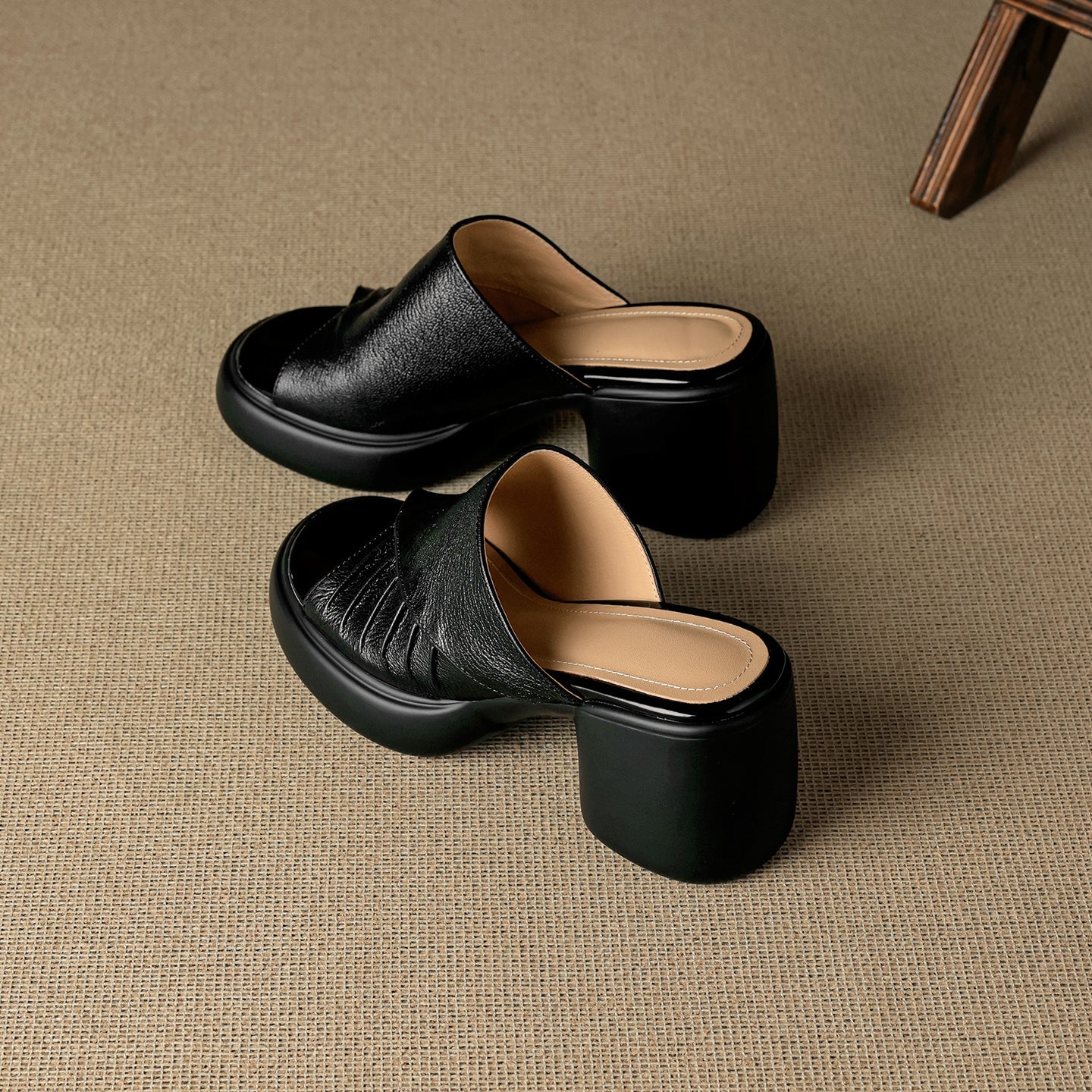 Women's Ruched Block Heel Slides | Open-Toe Lambskin Leather Mules