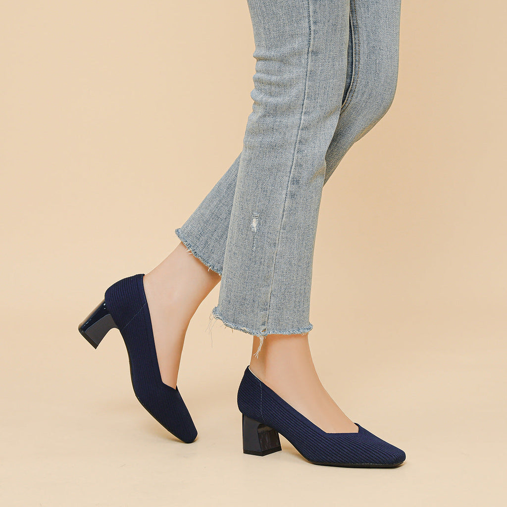 Women's Chunky Heel Square Toe Slip-On High Heels | Flyknit Upper | Multiple Colors