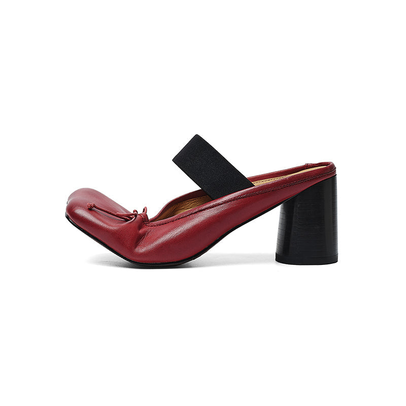 Women's Washed Cowhide Leather Ballet Mule Block Heel Sandals | Elastic Strap Open-Back Heels