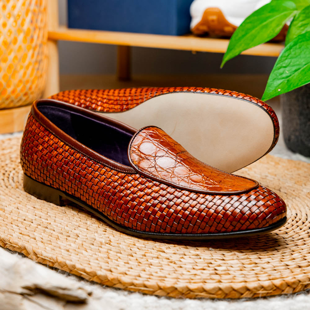 11-620-CGN PALIO Genuine Crocodile and Calfskin Basketweave Slip On, Cognac